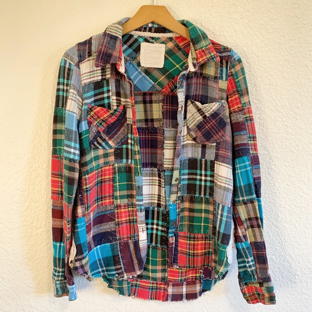 RARE Free People Lost In Plaid Rainbow Patchwork Button Down Crochet Flannel XS